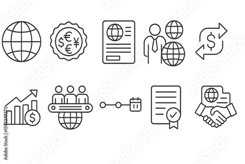 Business and finance outline icon set: global trade, currency, contracts