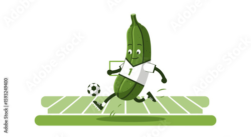 Funny Pickle Kicking Soccer Ball On A Green Field As Cartoon Player