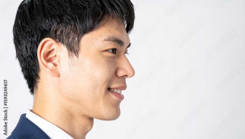 Fototapeta premium スーツ姿の若い日本人ビジネスマンの横顔をクローズアップで撮影、清潔感ある短髪と自信に満ちた笑顔が印象的