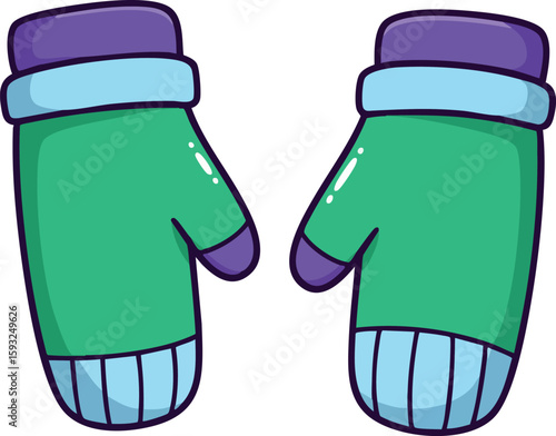 Green and purple winter mittens with blue cuffs warm cozy vector design illustration