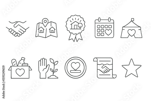 Charity and donation outline icon set. social good, volunteering, nonprofit icons