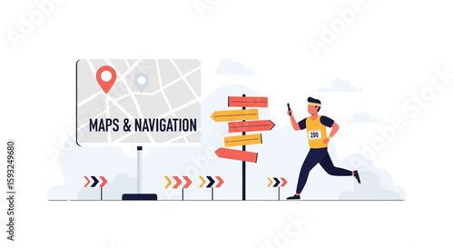 Marathon Runner Navigating With Digital Map And Street Sign Direction Guidance