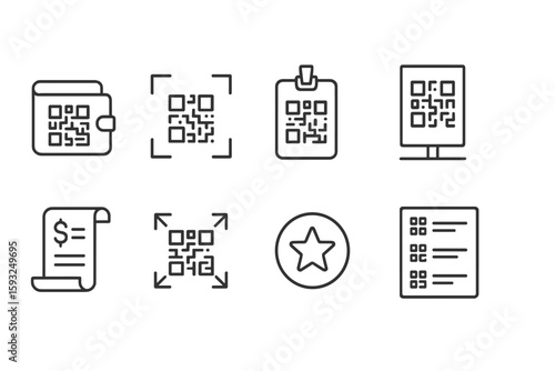 Qr code line icon set for digital scanning and payment interfaces