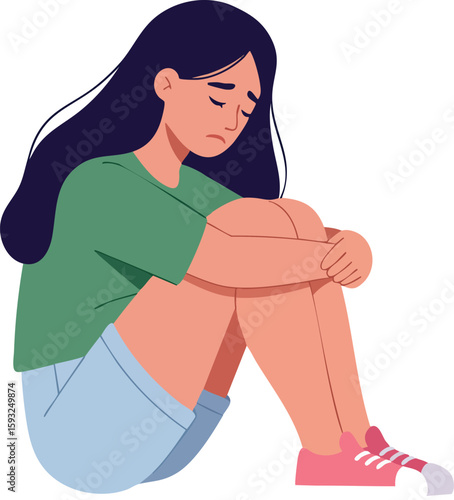 Sad woman sitting with knees hugged and eyes closed expressing loneliness and emotional distress vector illustration