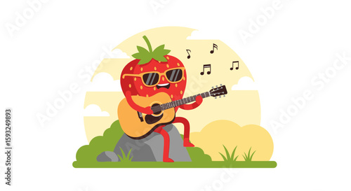 Funny Strawberry Cartoon Character Playing Guitar Sitting on Stone Illustration