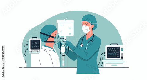Medical Team Providing Respiratory Assistance In Hospital Setting Vector Graphic