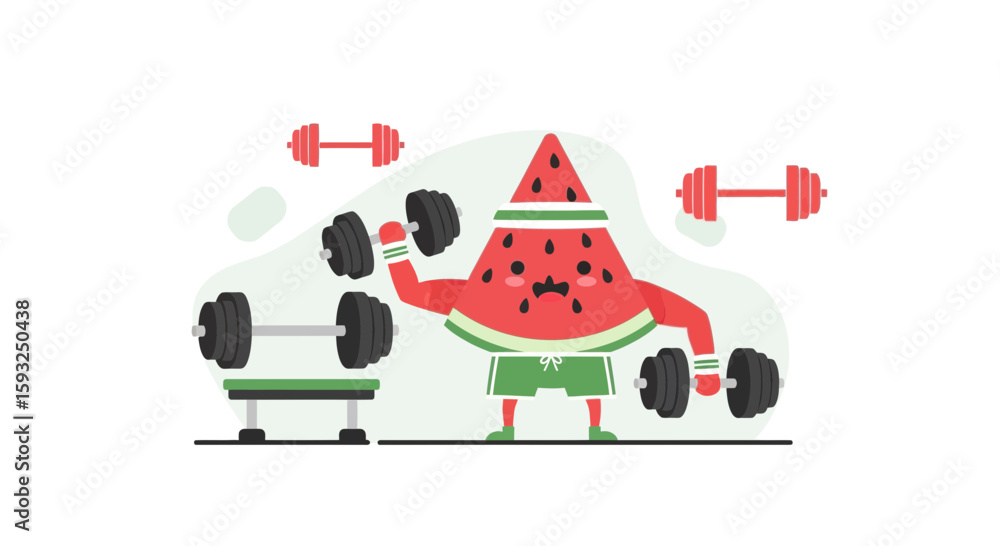 Naklejka premium Funny Watermelon Character Lifting Weights Doing Biceps Curls In The Gym