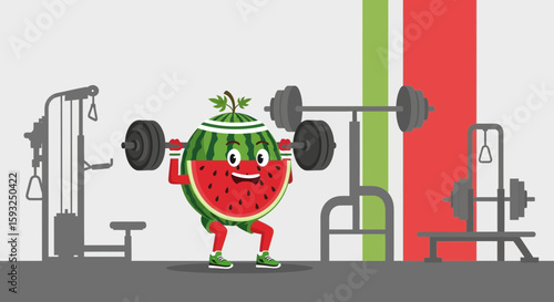 Funny Watermelon Character Doing Squats With Barbell In Gym Healthy Lifestyle