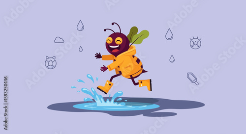 Joyful Bee Splashing In Puddle Wearing Raincoat During Rainy Weather Illustration