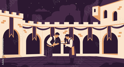 Medieval Courtly Scene With a Butler Presenting Drink to a Nobleman in a Castle