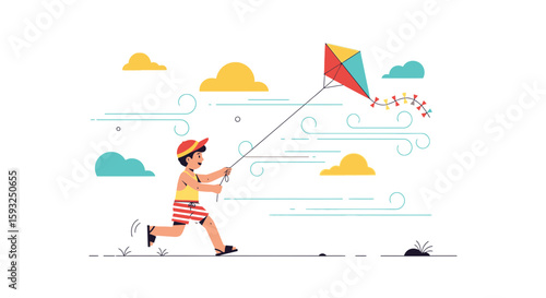 Joyful Boy Running Outdoors With Kite On A Sunny Day Flat Illustration