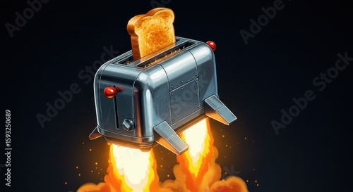 Whimsical toaster takes flight on jets of fiery toast powered propulsion with bread