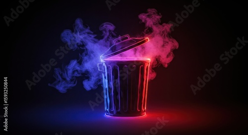 Trash bin with neon outlines emitting colorful vapor in a dark environment