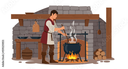Medieval Man Cooking Over Fire In Stone Fireplace Scene Illustration