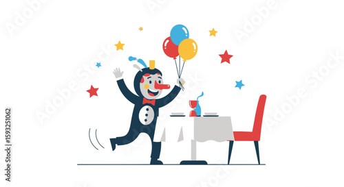 Joyful Celebration With Character And Balloons Next To Elegantly Set Table