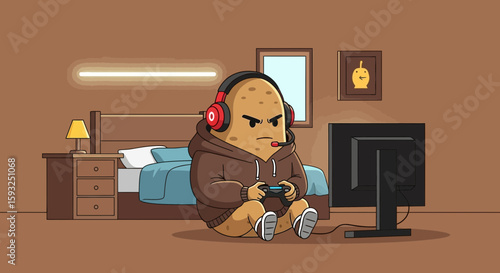 Furious Potato Plays Video Games At Home With Headphones And A Controller