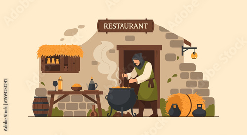 Medieval Tavern Scene With A Cook Preparing A Meal In A Pot