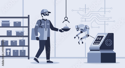Future Of Food Delivery Service Delivery Man Serving Dish To A Robot In Warehouse