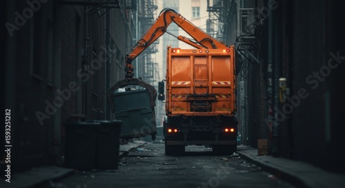 Urban sanitation in an alleyway showing an industrial waste management truck  grabbing a dumpster