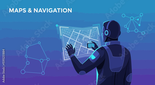 Futuristic Navigation Concept Depicting Advanced Robot and Mapping Technology Interface