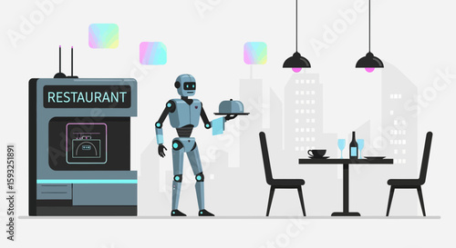 Futuristic Restaurant With Robot Waiter And Modern Technologies Illustration