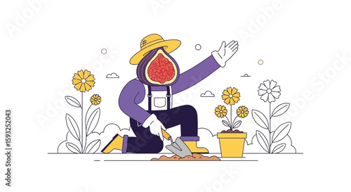 Gardener With Fig Head Planting Flowers In Garden