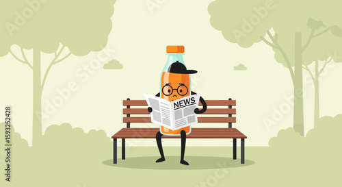 Juice Bottle Character Relaxing On A Park Bench While Reading News