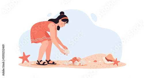Girl Collecting Seashells Enjoying Summer Vacation By The Sea Flat Vector Art