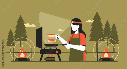 Girl Cooking Pancakes On Camping Stove Outdoor Activity And Adventure In Nature