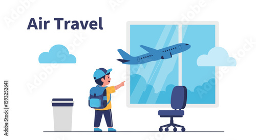 Excited Kid Watching Airplane Flying Ready For Air Travel Adventure