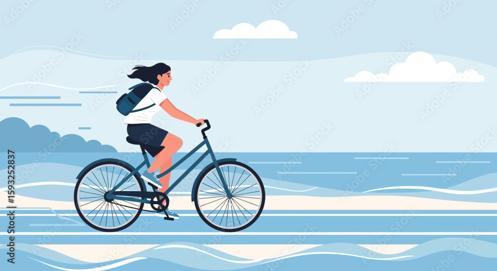 Fototapeta premium Girl Enjoying Bicycle Ride Along Coastal Path On A Sunny Day Illustration
