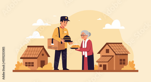 Kind Courier Delivers Prepared Food To Elderly Woman In Her Home Setting