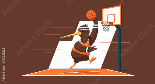 Kiwi Bird Mascot Playing Basketball Dunking Ball Cartoon Vector Illustration
