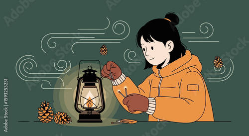 Girl Igniting Matches Near Kerosene Lamp During Camping Illustration In Dark Atmosphere