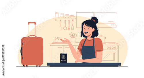 Excited Woman Preparing for Travel with Suitcase and Passport at Home