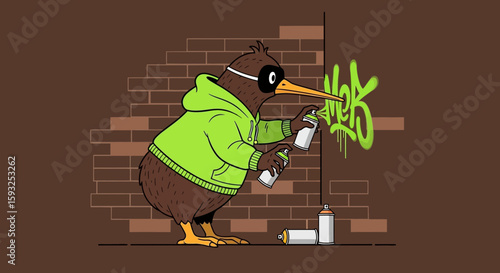 Kiwi Bird Spraying Graffiti On A Brick Wall In Urban Street Art Concept