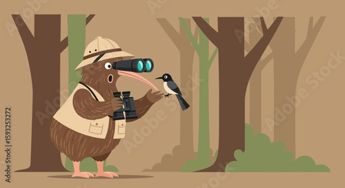 Kiwi Birdwatcher Exploring Forest With Binoculars And Observing A Small Bird