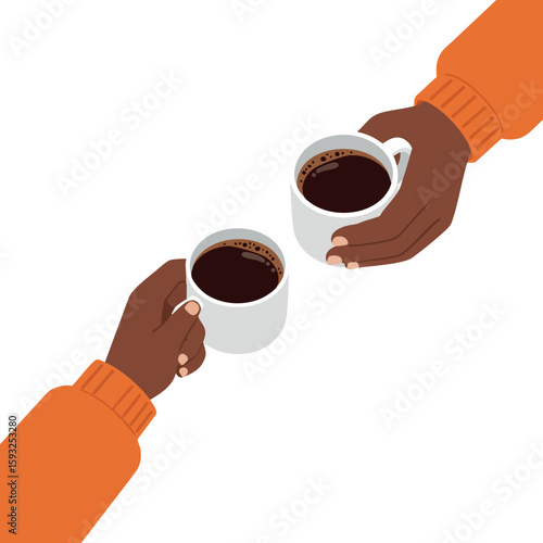 Hands Holding Coffee Cups in Orange Sleeves Enjoying Warm Beverage Together Vector Illustration