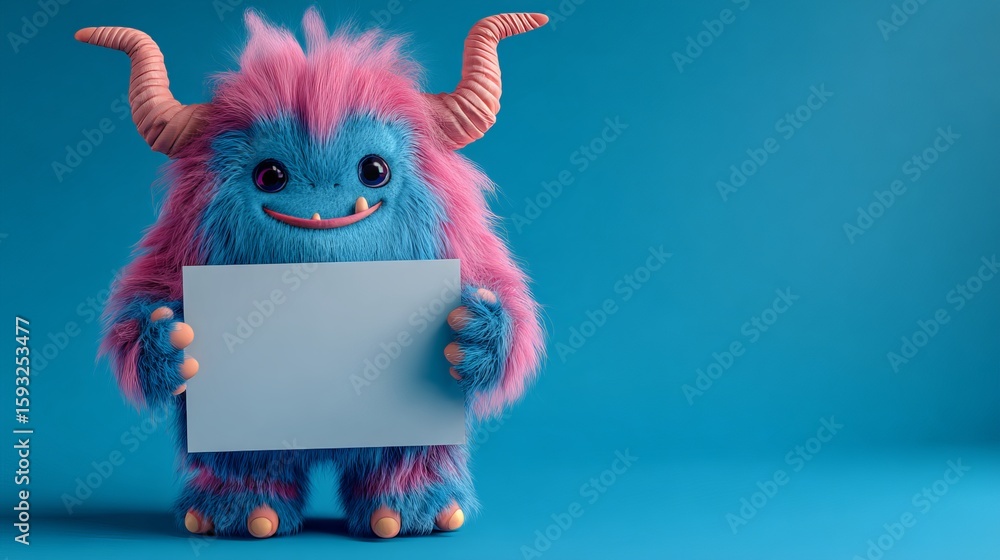 Fototapeta premium Fluffy colorful monster holding blank card, adorable creature with horns isolated on bright blue background provides space