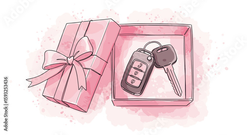 Car keys in gift box birthday or New Year present concept – one line doodle drawing with watercolor fill, minimalistic vector illustration on white background

