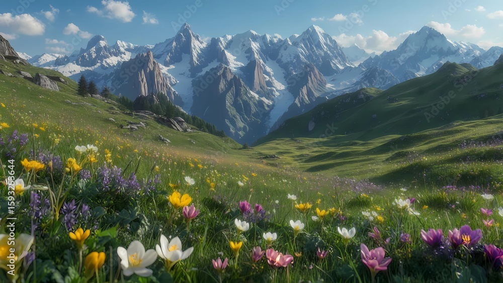 Fototapeta premium Colorful Wildflowers Blooming in a Lush Alpine Meadow with Majestic Snow-Capped Mountains Under a Clear Sky