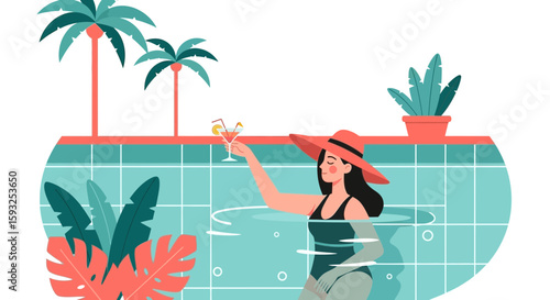 Leisurely Relaxation Poolside Scene Vacation Retreat With Refreshing Cocktail