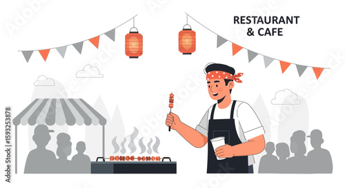 Exciting Street Food Festival With Smiling Vendor and Tasty Grilled Skewers