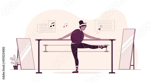 Graceful Ballerina Practicing At The Barre With Music Notes And Positive Thoughts