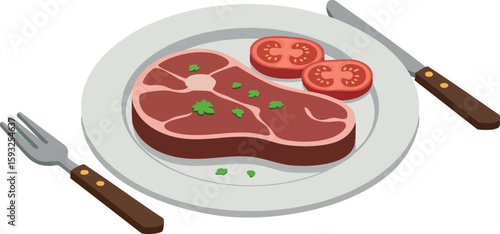 Raw steak meat with tomato slices on white plate with fork and knife vector illustration