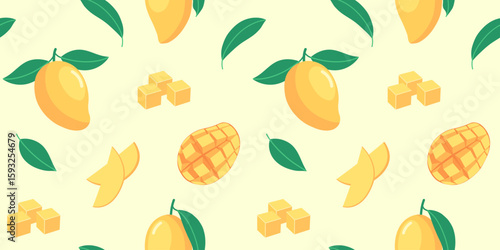 Flat vector illustration of repeating mango fruits, slices, cubes and green leaves on light background. For card, print, wallpaper, summer, tropical, kids and fruit design. Seamless pattern. Minimal.