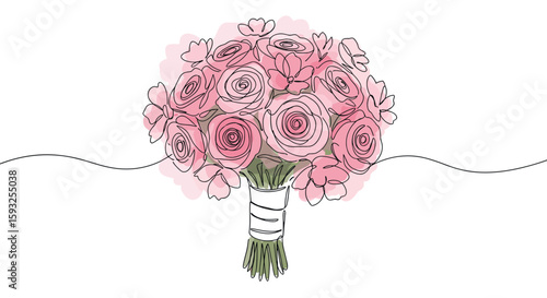 Aesthetic bridal bouquet for wedding invitation decor or website design – one line doodle drawing with watercolor fill, minimalistic vector illustration on white background

