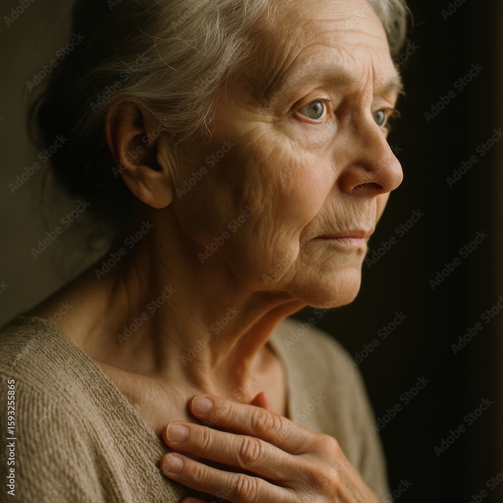 Fototapeta premium Elderly caucasian woman reflecting by window in warm light