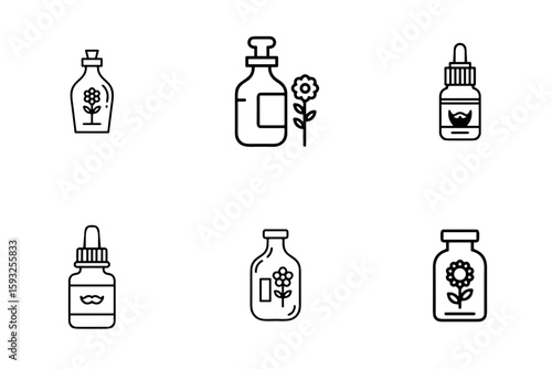 Minimalist SVG icon set of essential oil dropper bottles and herbal tincture containers with floral elements. Isolated on transparent background, ideal for wellness branding, skincare packaging, aroma
