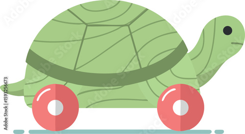 Turtle toy on wheels simple flat design with green shell and red wheels vector illustration